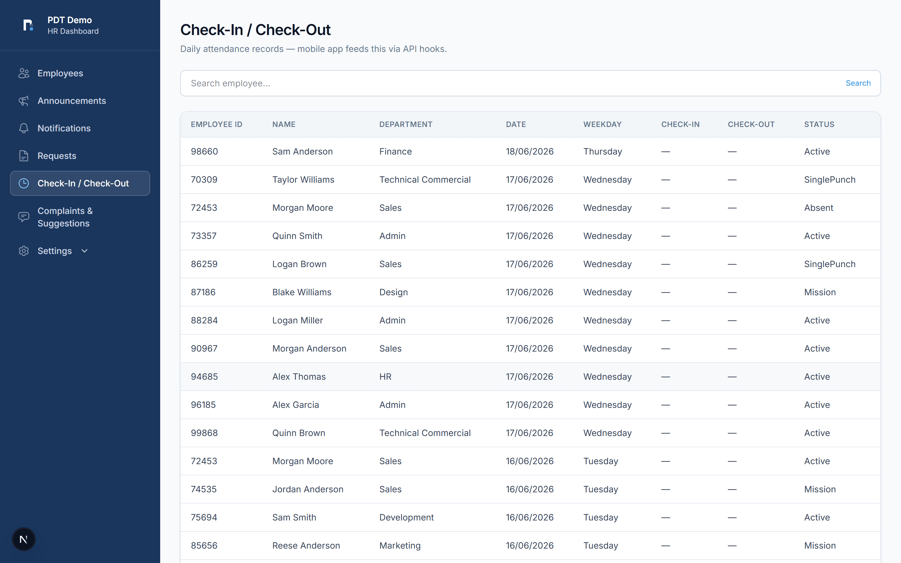 Check-in & Check-out — PDT Power HR screenshot