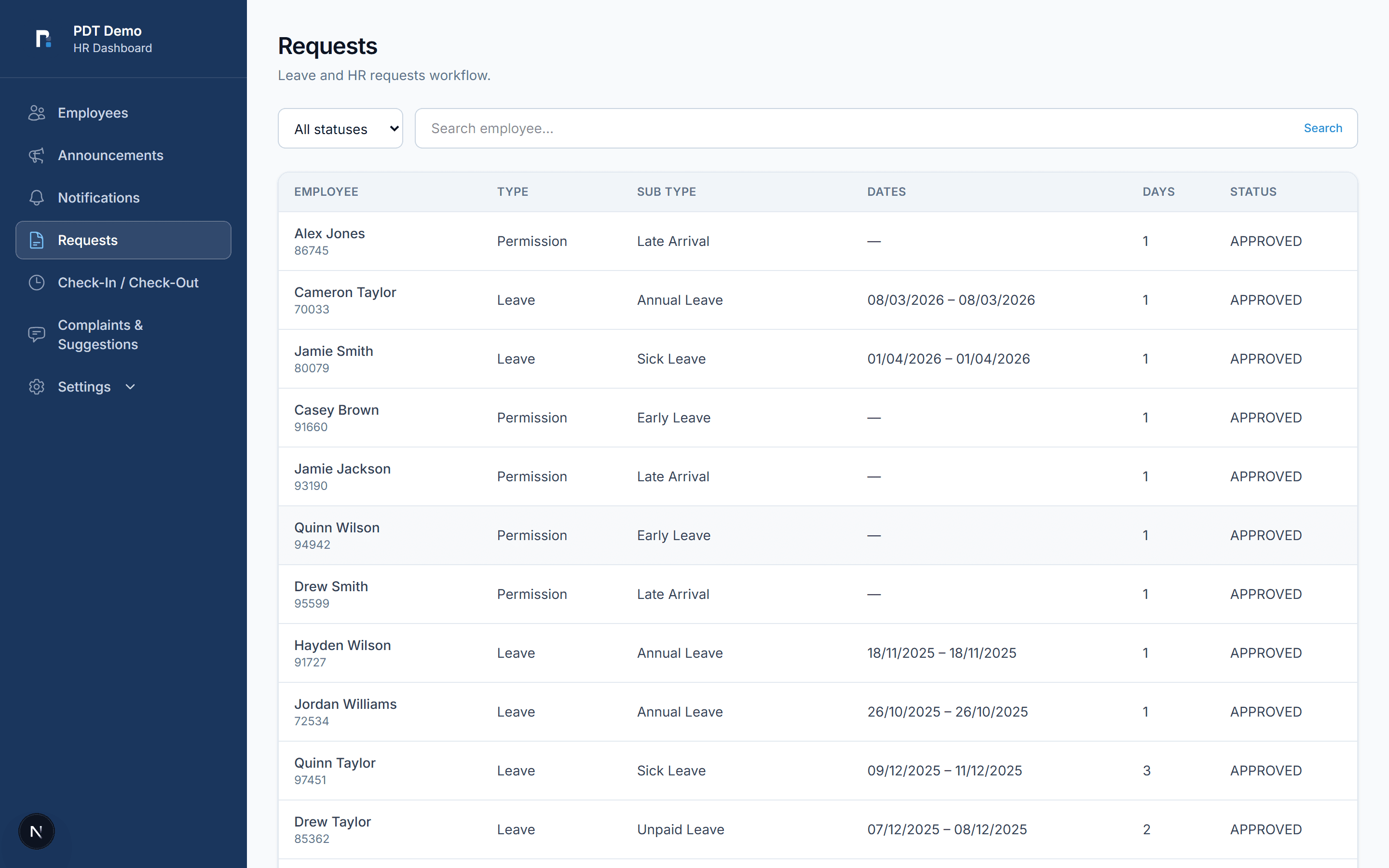 Leave & Permissions — PDT Power HR screenshot